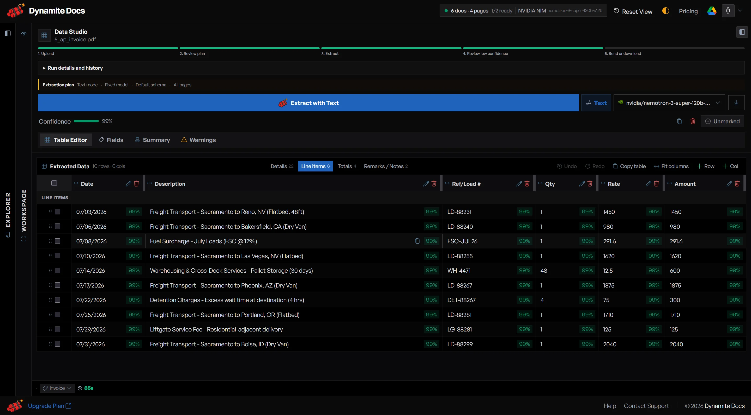 Extracted invoice table in Dynamite Docs with vendor, line items, tax, and totals as reviewable rows