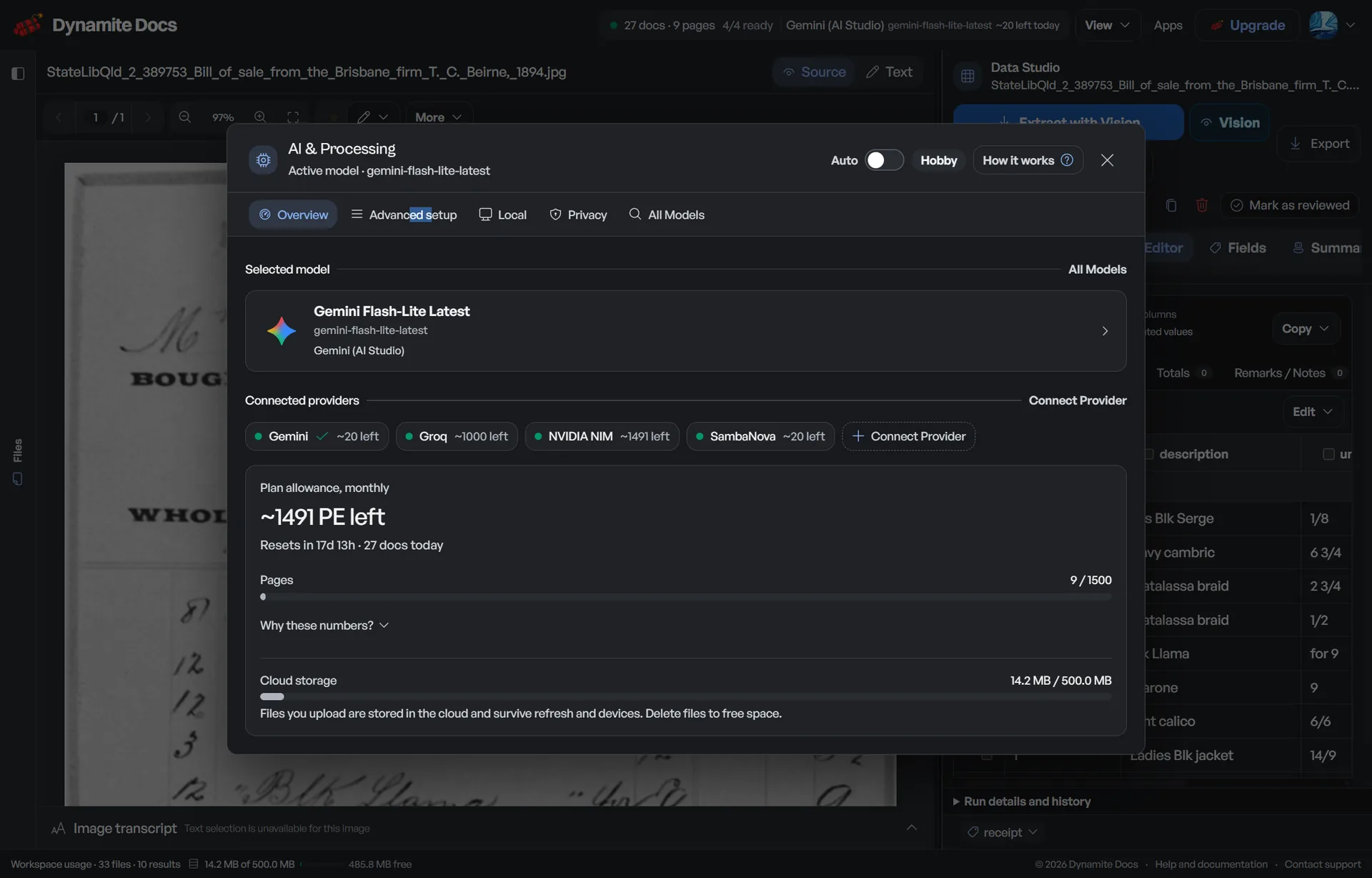 Connecting a provider API key in Dynamite Docs settings