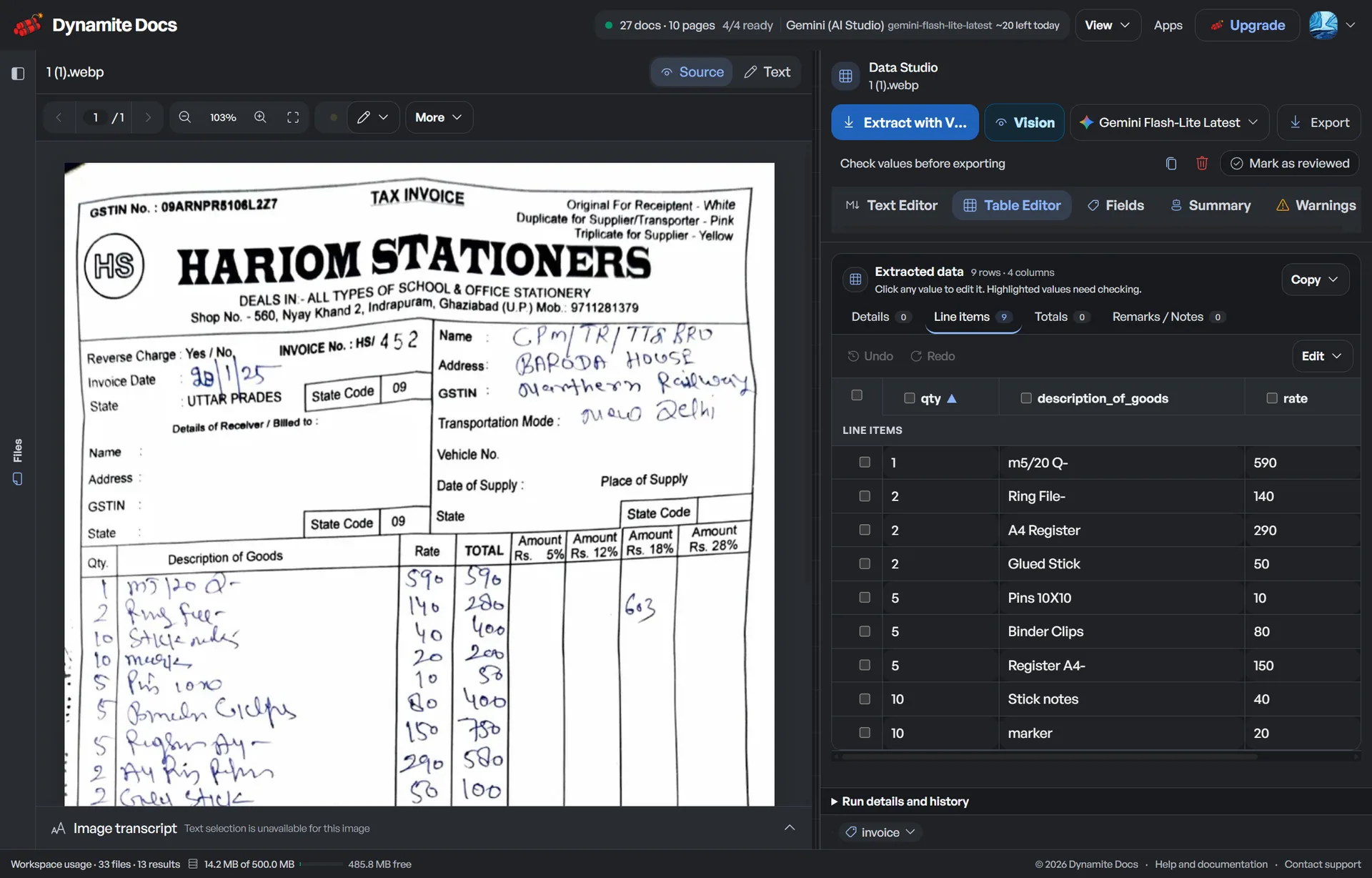 The GST invoice workspace illustrates source review for the India accounting guides.