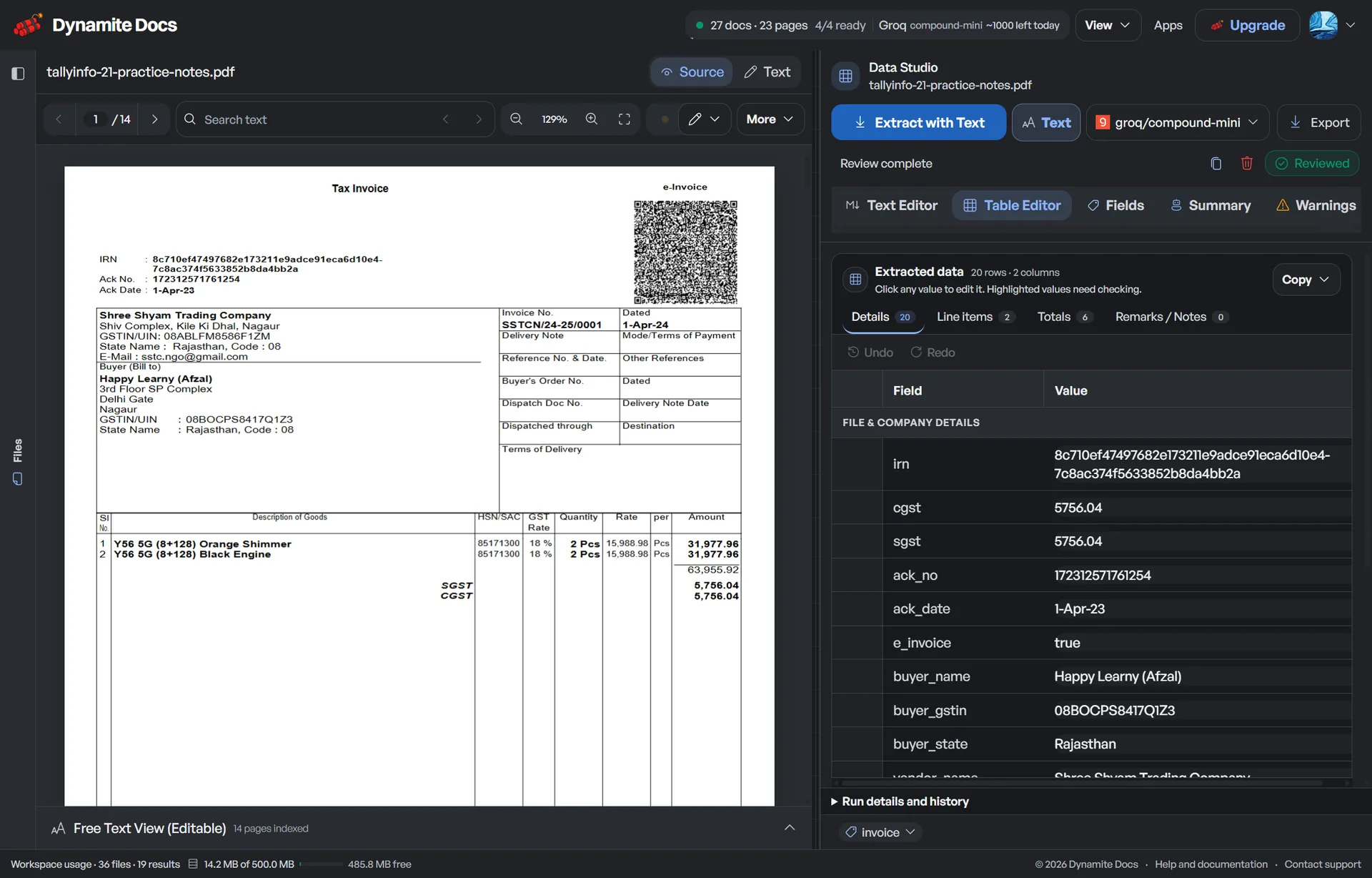 Dynamite Docs data extraction panel showing structured fields beside a source PDF