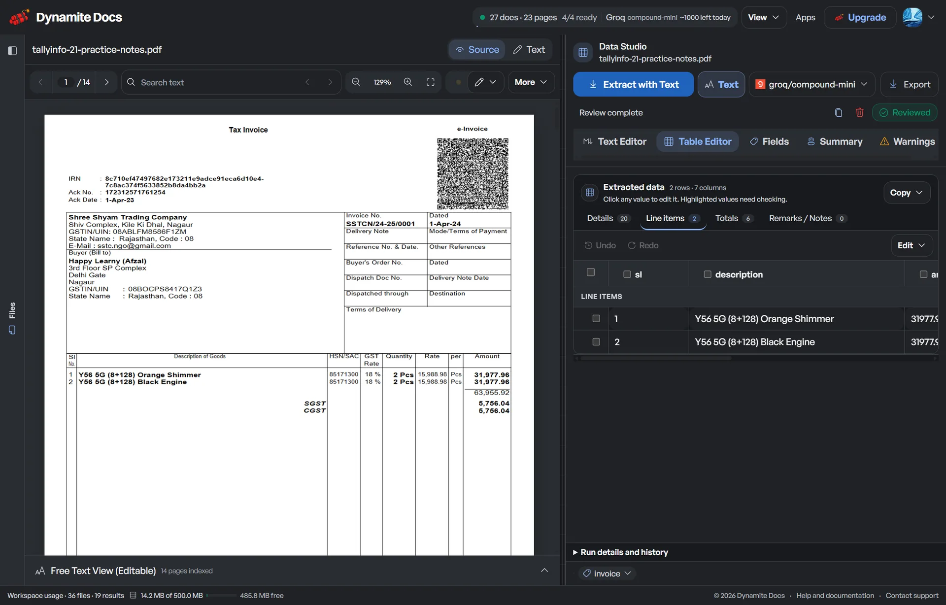 The invoice line-item workspace is one example from the accounting workflow library.