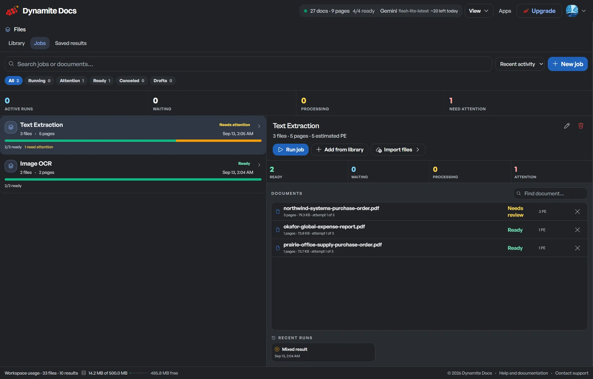 Jobs view with two ready results and one file needing review.