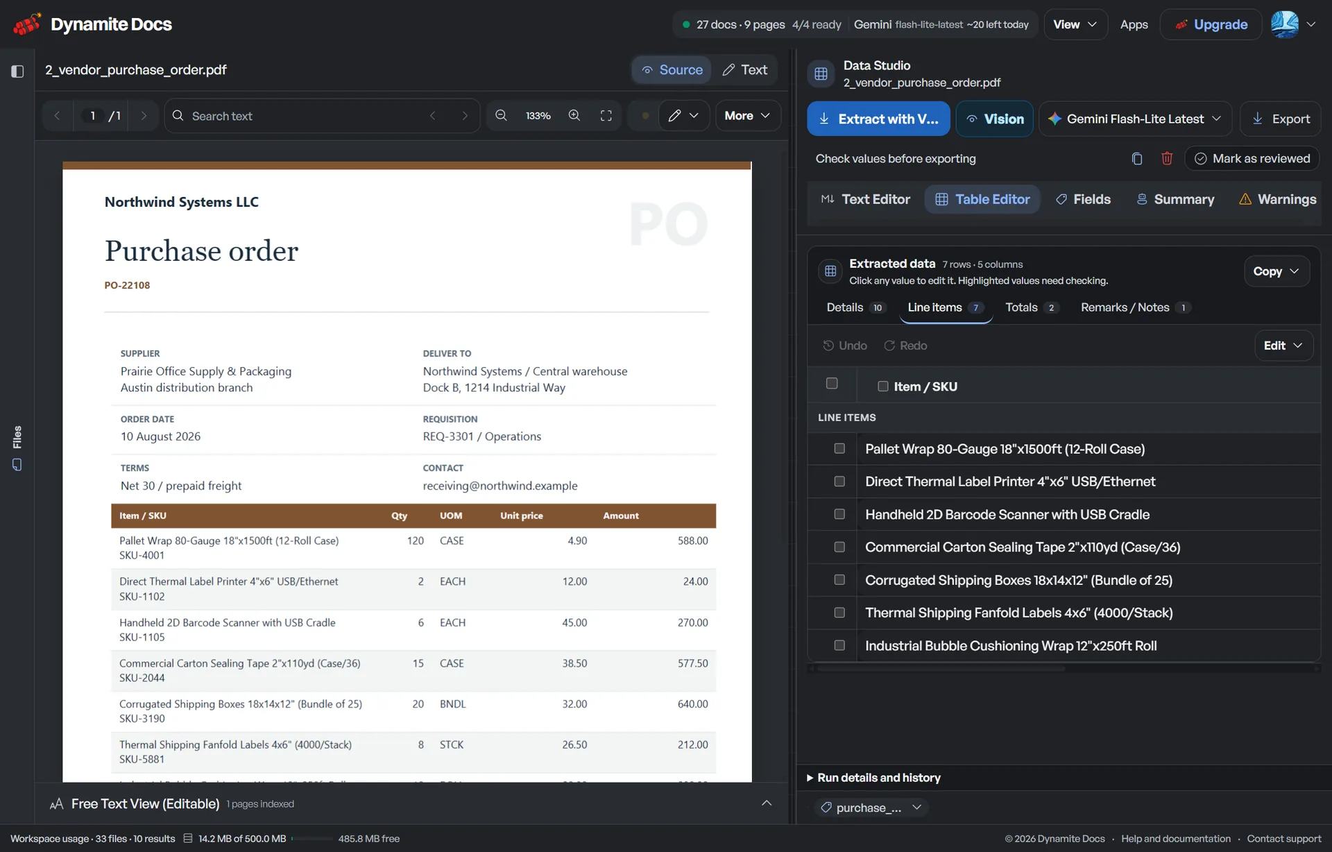 Dynamite Docs extractions workspace showing PDF data extracted into a spreadsheet view beside the source