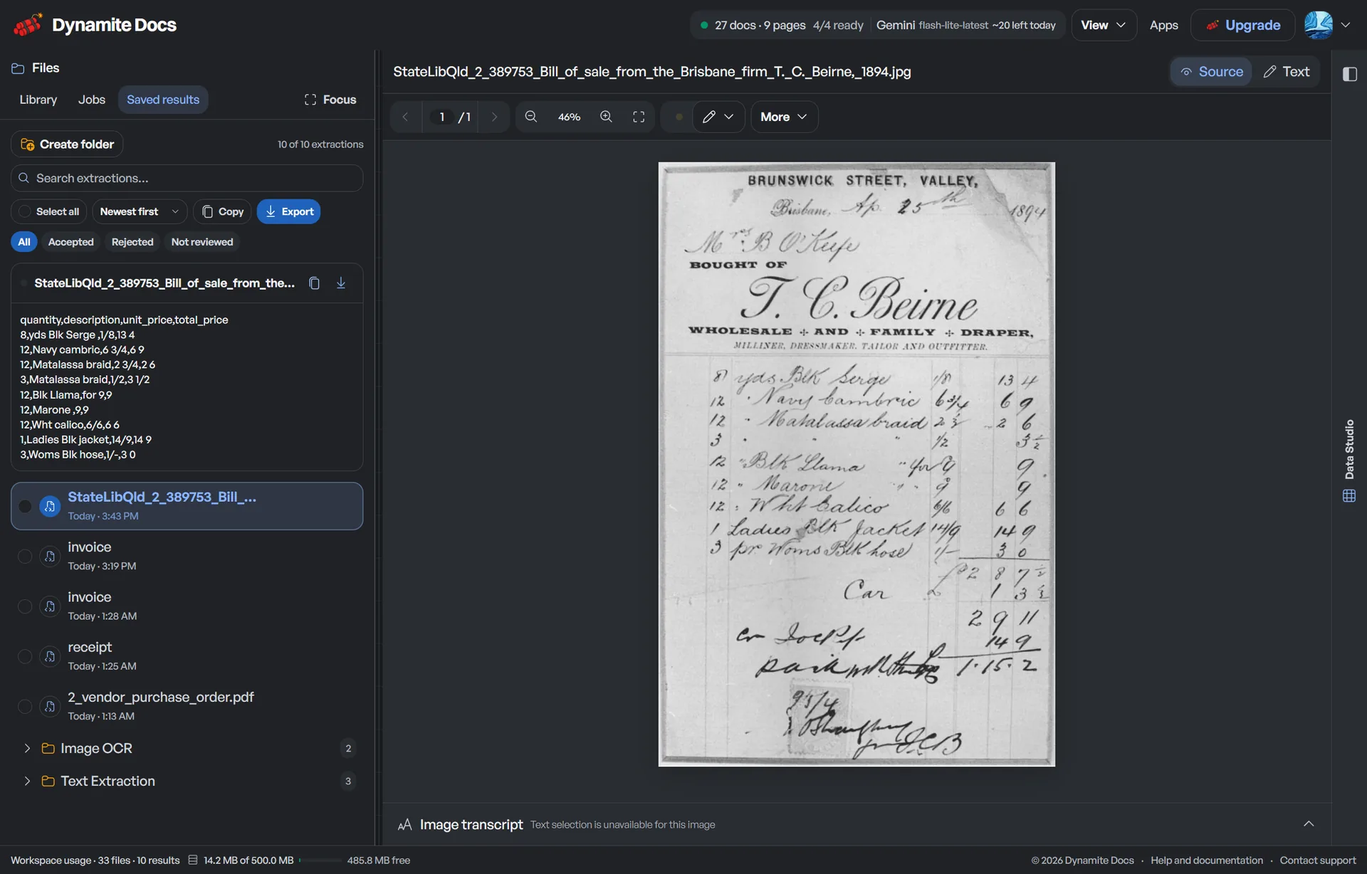 Saved results list and folders beside a historical bill of sale sample.