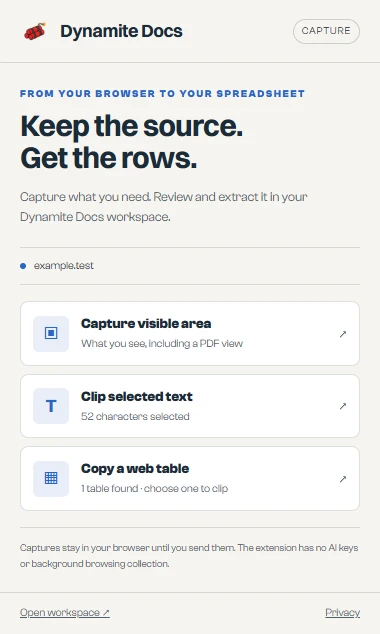 Dynamite Docs Chrome popup with visible-area capture, selected-text clipping and web-table capture.
