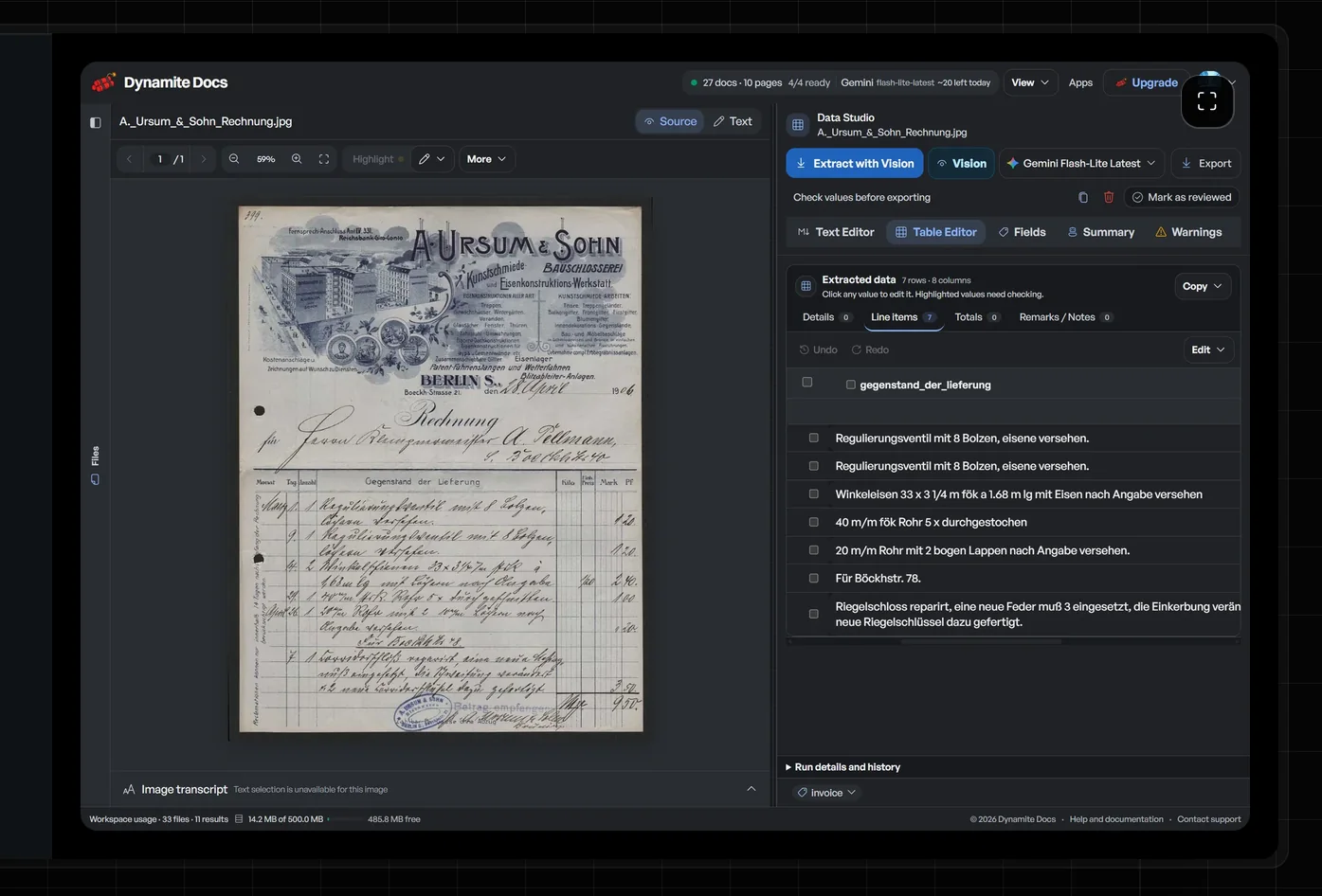 Dynamite Docs showing a historical invoice beside locally extracted line items in the review workspace.