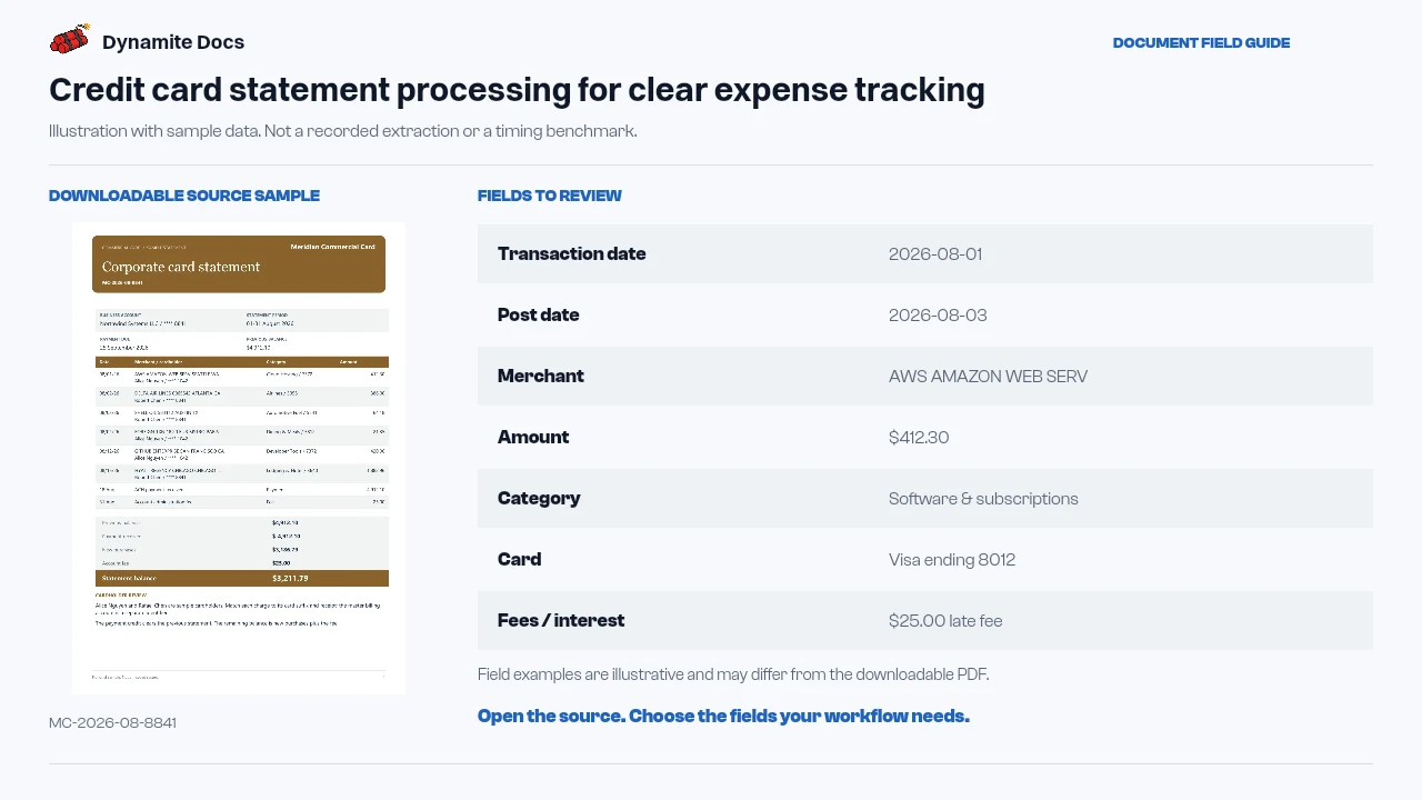 Credit card statement fields arranged as transaction rows for Excel review